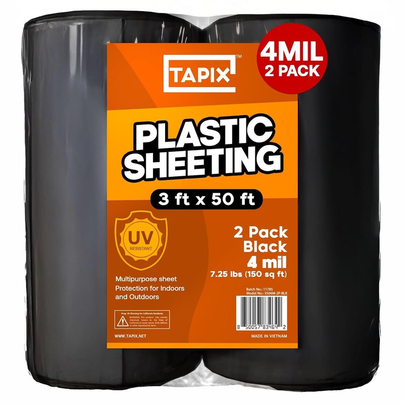 TAPIX Black Plastic Sheeting Roll 3'x50' (2 Pack) – 4 Mil UV Protected, Weed Barrier & Landscape Plastic for Gardening, Root Blocker & Moisture Barrier, Protective Covering for Painting & Equipment - Image 1